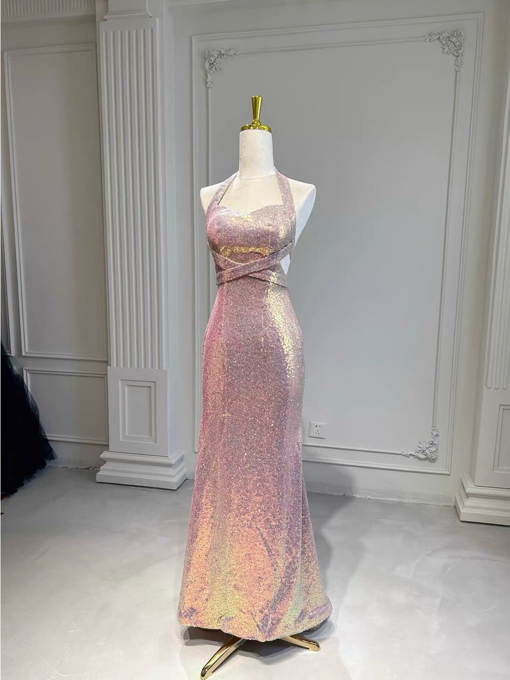 Halter Iridescent Pink Sequin Maxi Dress